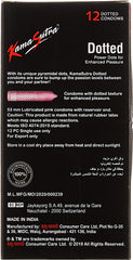 Kama Sutra dotted condoms UAE 12 pack black box showing dotted textured 53 mm lubricated pink condoms with reservoir