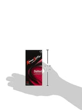 Dotted condoms box showing size 4.9 in and 12 count, black and pink