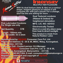 Condom box panel with pink lubricated condoms details and size specs, 3 count