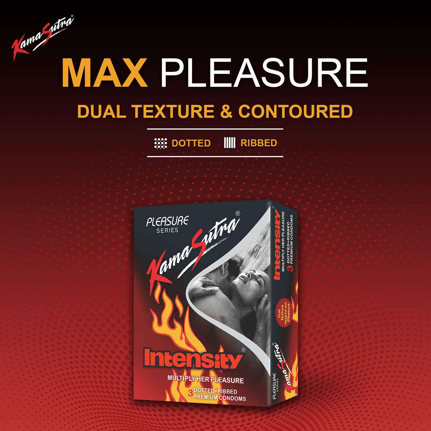 Kama Sutra Intensity condoms UAE box black red packaging showing Max Pleasure dual texture dotted ribbed design