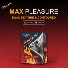 Condom box front with Max Pleasure, dual texture and contoured condom callouts
