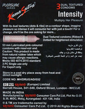 Condom box back panel listing Intensity dual textured details and 3 condom count
