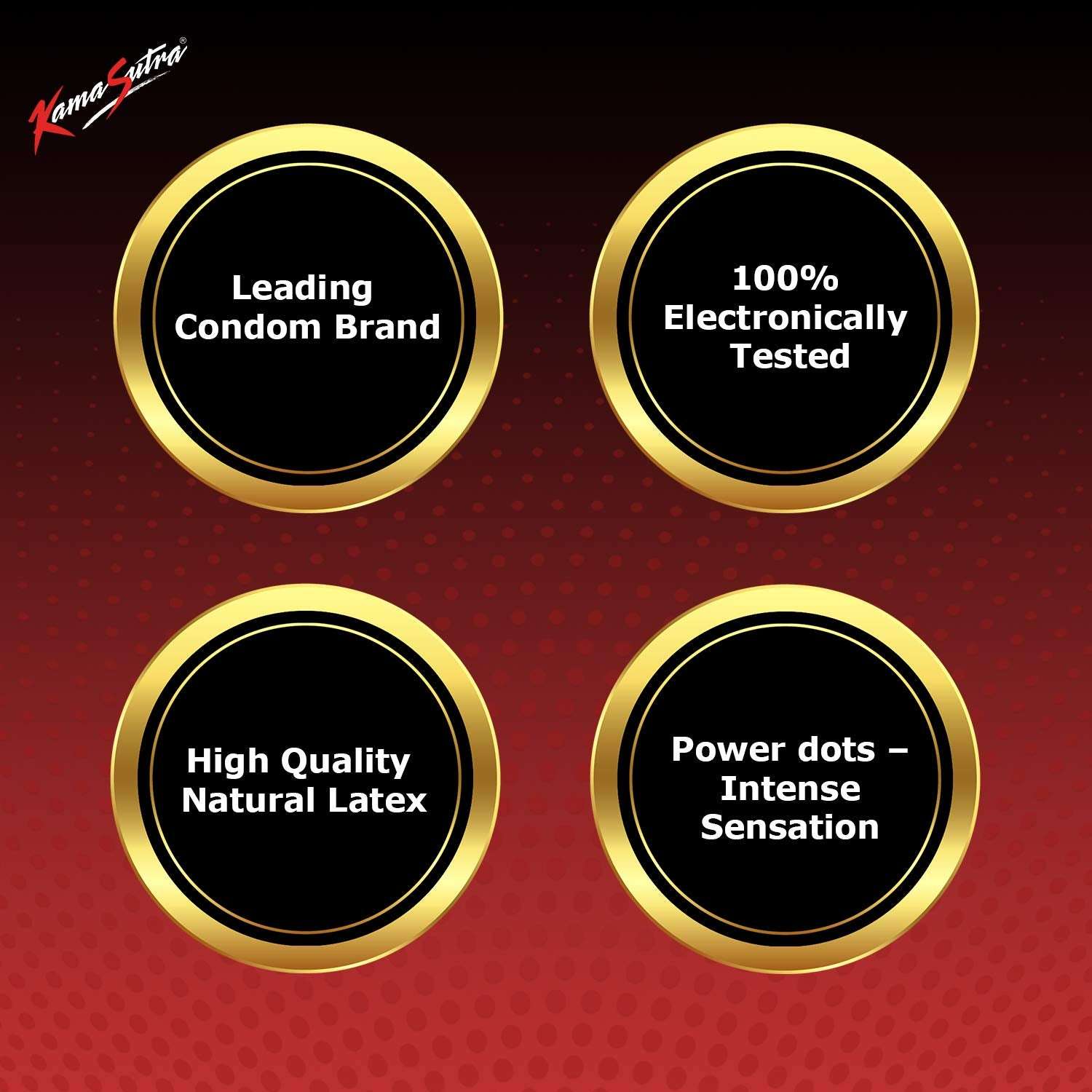 Kama Sutra Intensity condoms UAE badges showing 100 percent electronically tested high quality natural latex and power dots