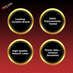Kama Sutra Intensity condoms UAE badges showing 100 percent electronically tested high quality natural latex and power dots