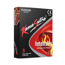 Condom box labeled Intensity with flame graphic, 3 dual textured condoms