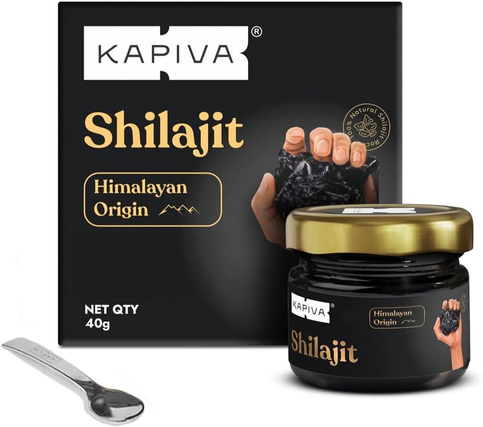 Kapiva Shilajit jar and box with spoon and hand holding resin Himalayan Shilajit resin 40g UAE