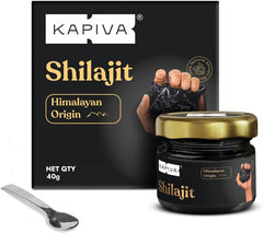 Kapiva Shilajit jar and box with spoon and hand holding resin Himalayan Shilajit resin 40g UAE