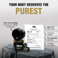 Kapiva jar of black resin pouring beside certificate and rock display Himalayan Shilajit resin 40g UAE