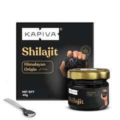 Kapiva Himalayan Shilajit resin 40g UAE black jar with gold lid and box showing hand holding resin and spoon