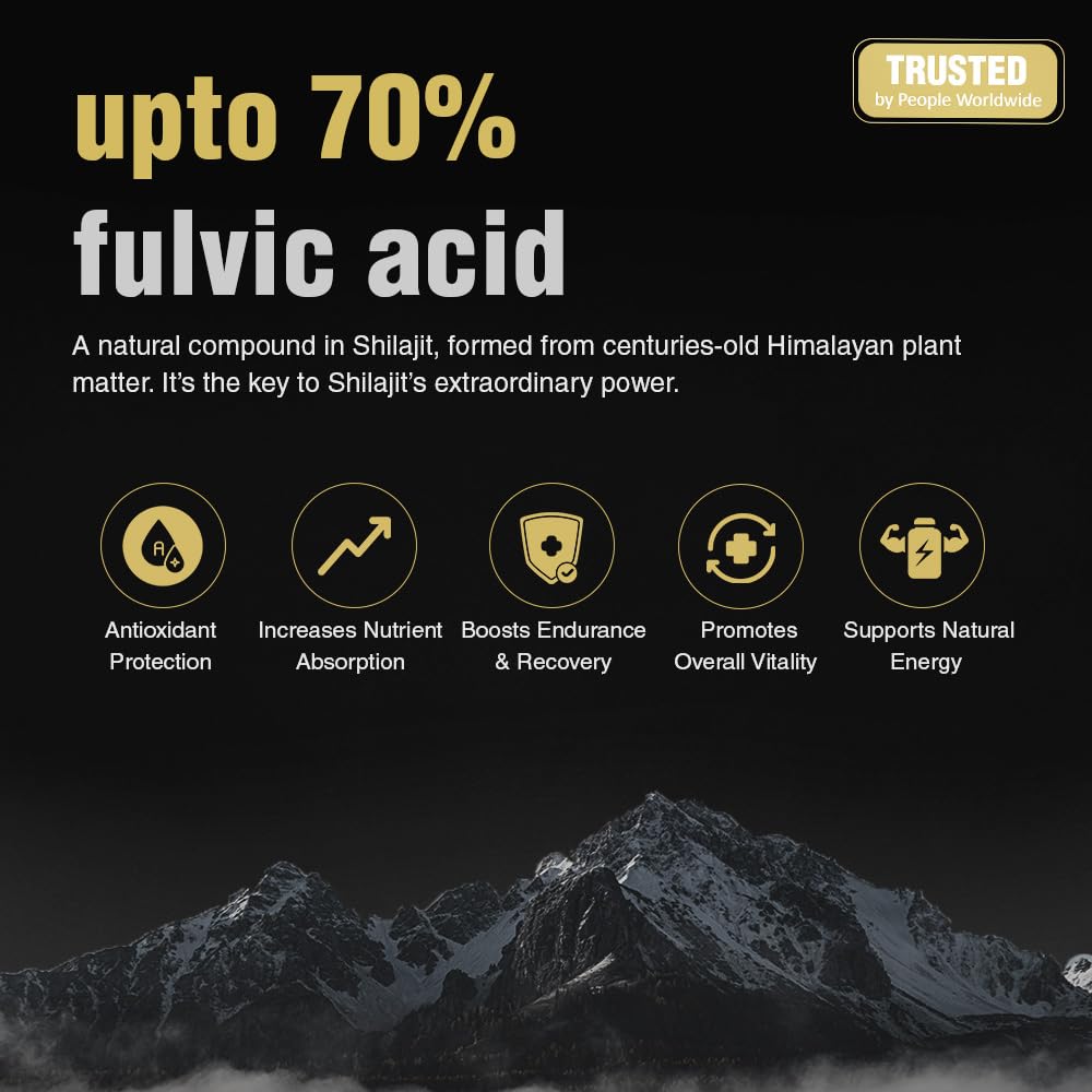 Kapiva Himalayan Shilajit resin 40g UAE product graphic showing up to 70 percent fulvic acid benefits icons and mountains