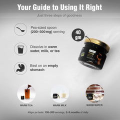 Kapiva Himalayan Shilajit resin 40g UAE jar with usage guide showing pea sized spoon and dissolve in warm water milk or tea