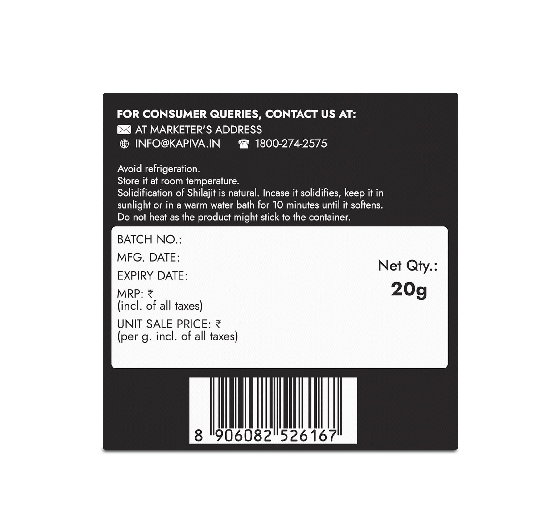 Back label of Kapiva Shilajit Gold Resin supplement 20g package showing storage instructions barcode and contact info
