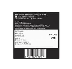 Back label of Kapiva Shilajit Gold Resin supplement 20g package showing storage instructions barcode and contact info