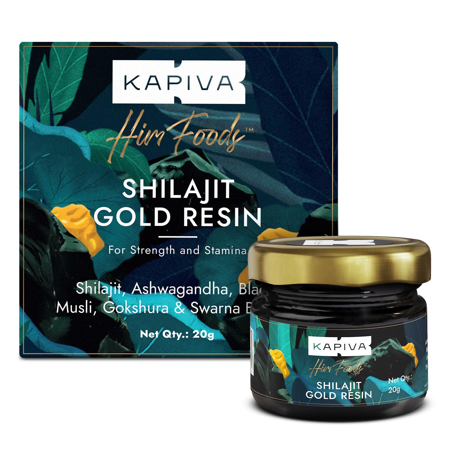Kapiva Shilajit Gold Resin supplement 20g jar and box for strength and stamina with herbal blend