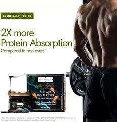Kapiva Shilajit Gold Resin supplement jar and box beside muscular man lifting weights promoting 2X protein absorption