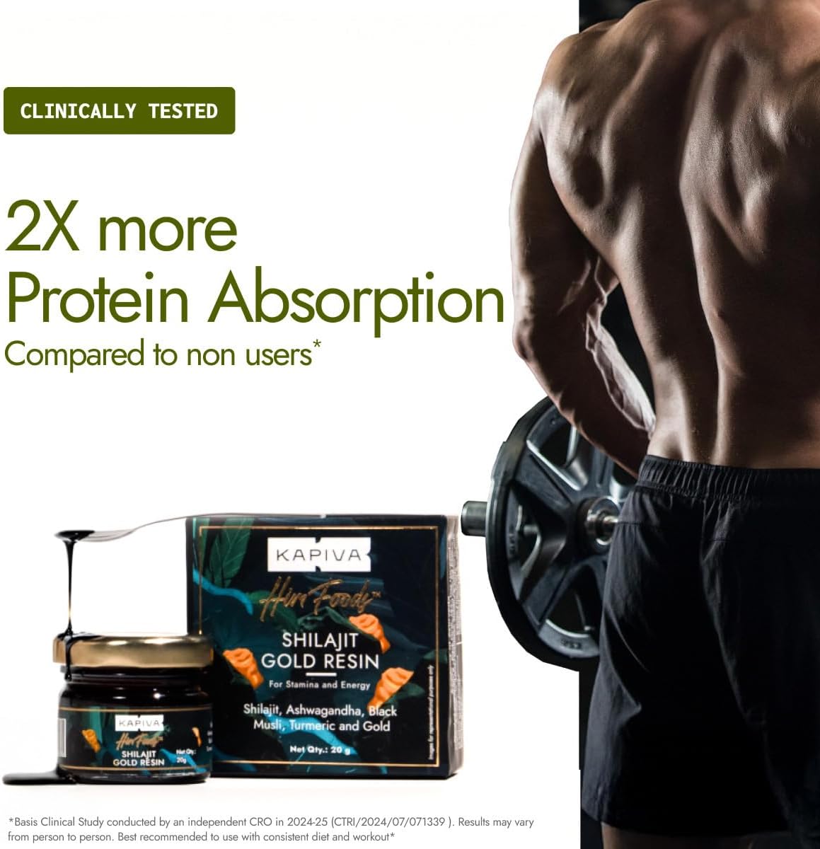 Kapiva Shilajit Gold Resin supplement jar and box beside muscular man lifting weights promoting 2X protein absorption