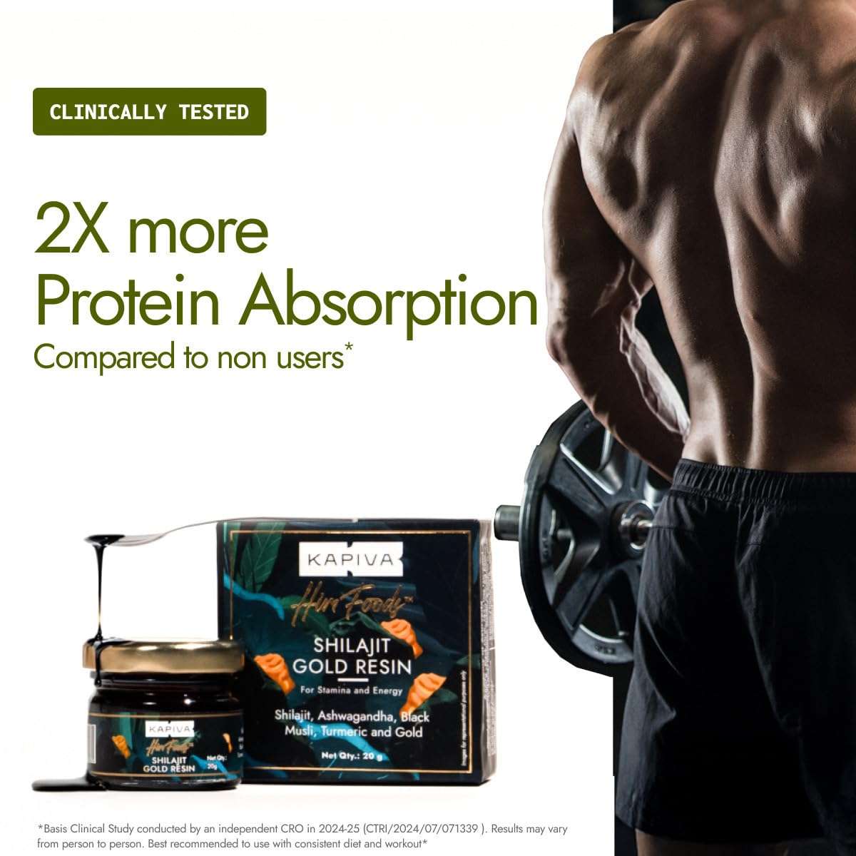Kapiva Shilajit Gold Resin supplement jar and box with scoop beside a muscular man lifting weights showing 2X protein absorption