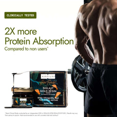 Kapiva Shilajit Gold Resin supplement jar and box with scoop beside a muscular man lifting weights showing 2X protein absorption