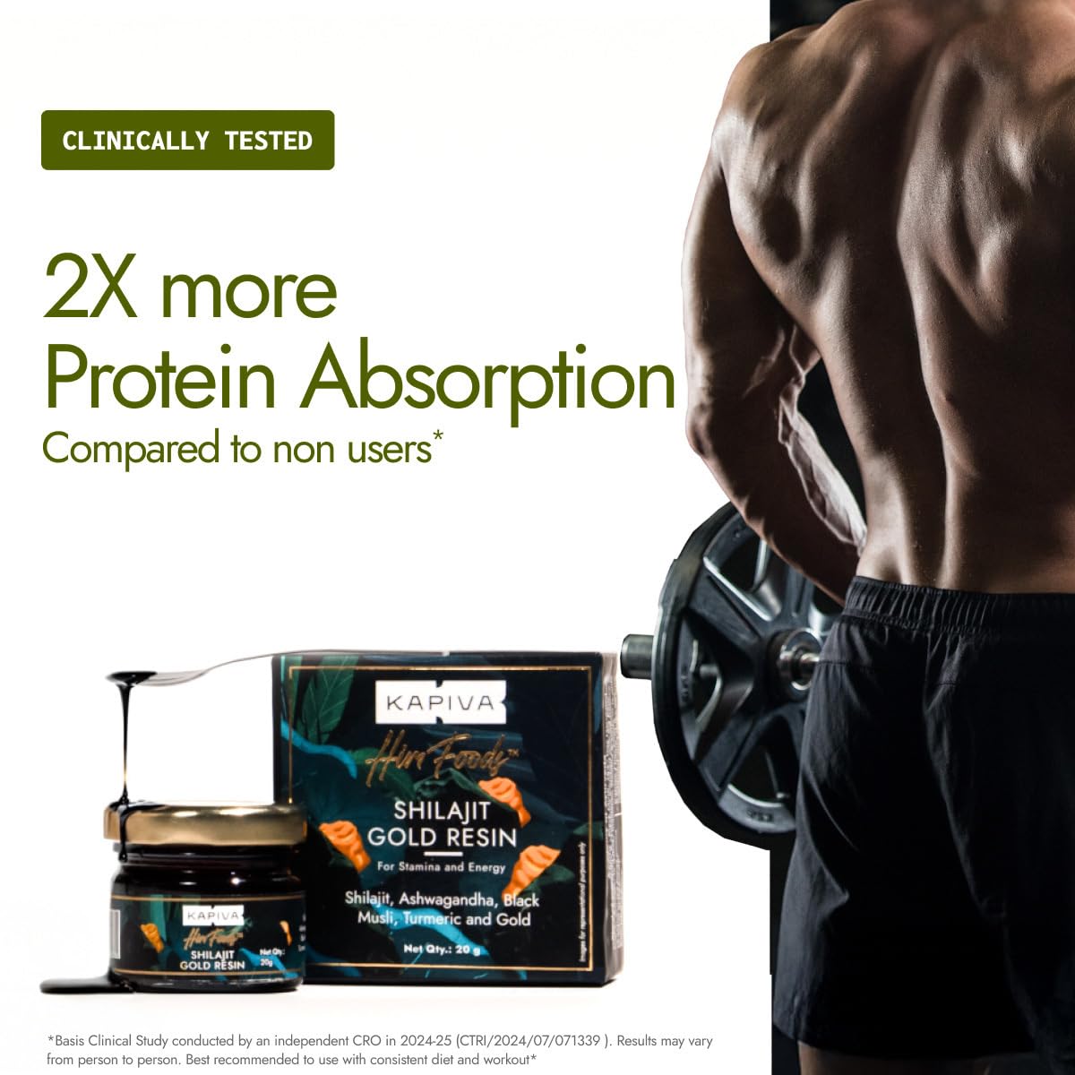 Kapiva Shilajit Gold Resin supplement jar and box with scoop beside a muscular man lifting weights showing 2X protein absorption