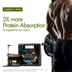 Kapiva Shilajit Gold Resin supplement jar and box with scoop beside a muscular man lifting weights showing 2X protein absorption