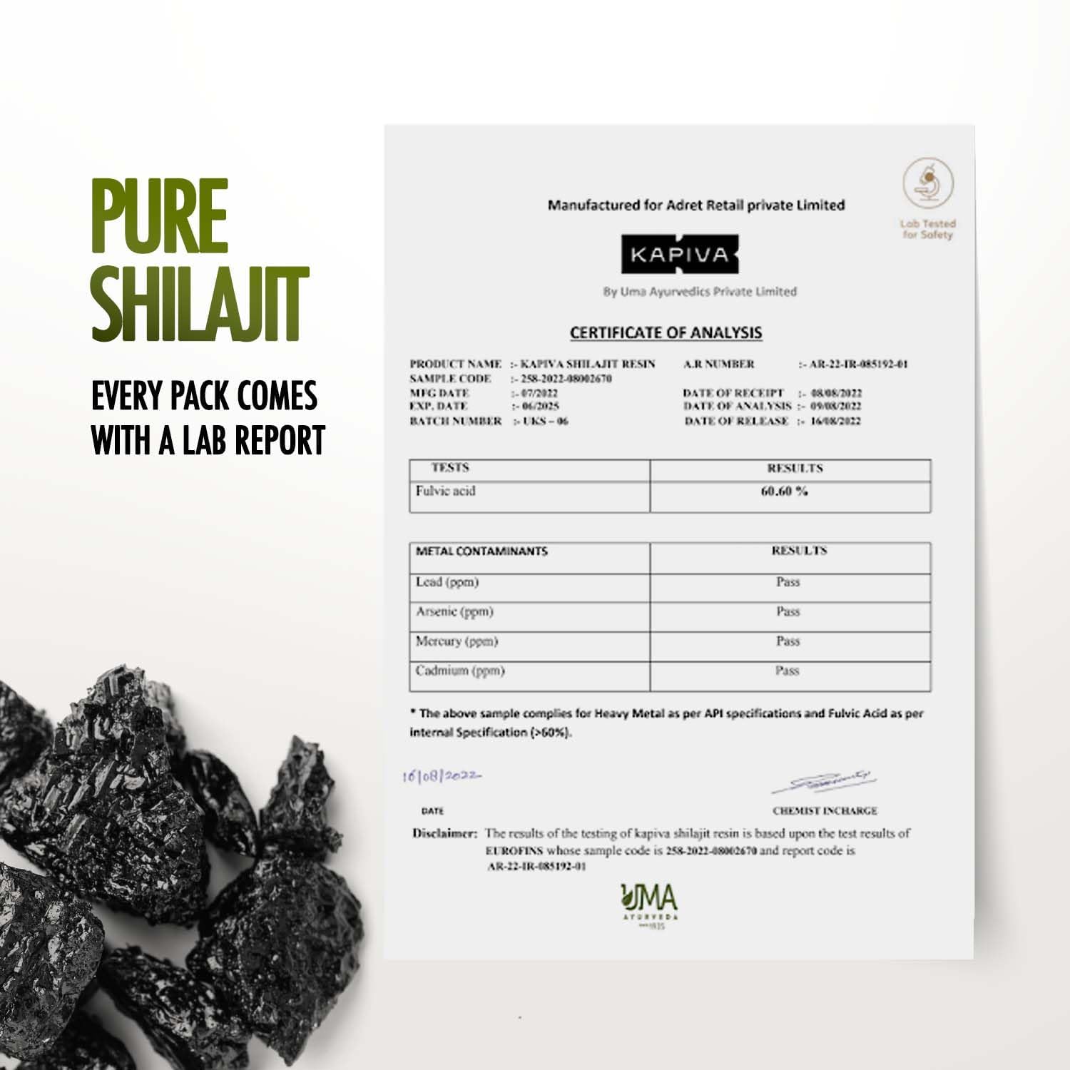 Kapiva Shilajit Gold Resin supplement display with lab certificate and raw black resin pieces