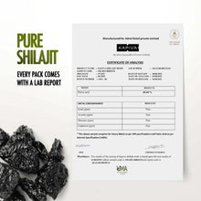 Shilajit gold resin lab report sheet with dark resin lumps