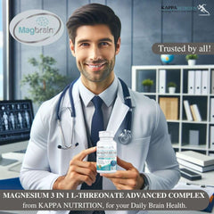 Smiling doctor holding bottle of Magnesium 3 in 1 L Threonate brain supplement magnesium l-threonate supplement UAE