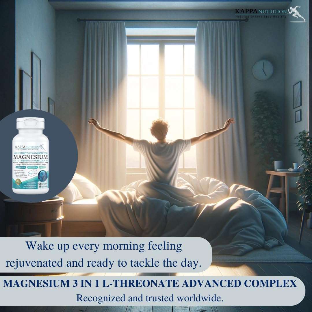 Person stretching on sunlit bed beside KAPPA NUTRITION bottle inset promoting magnesium l-threonate supplement UAE