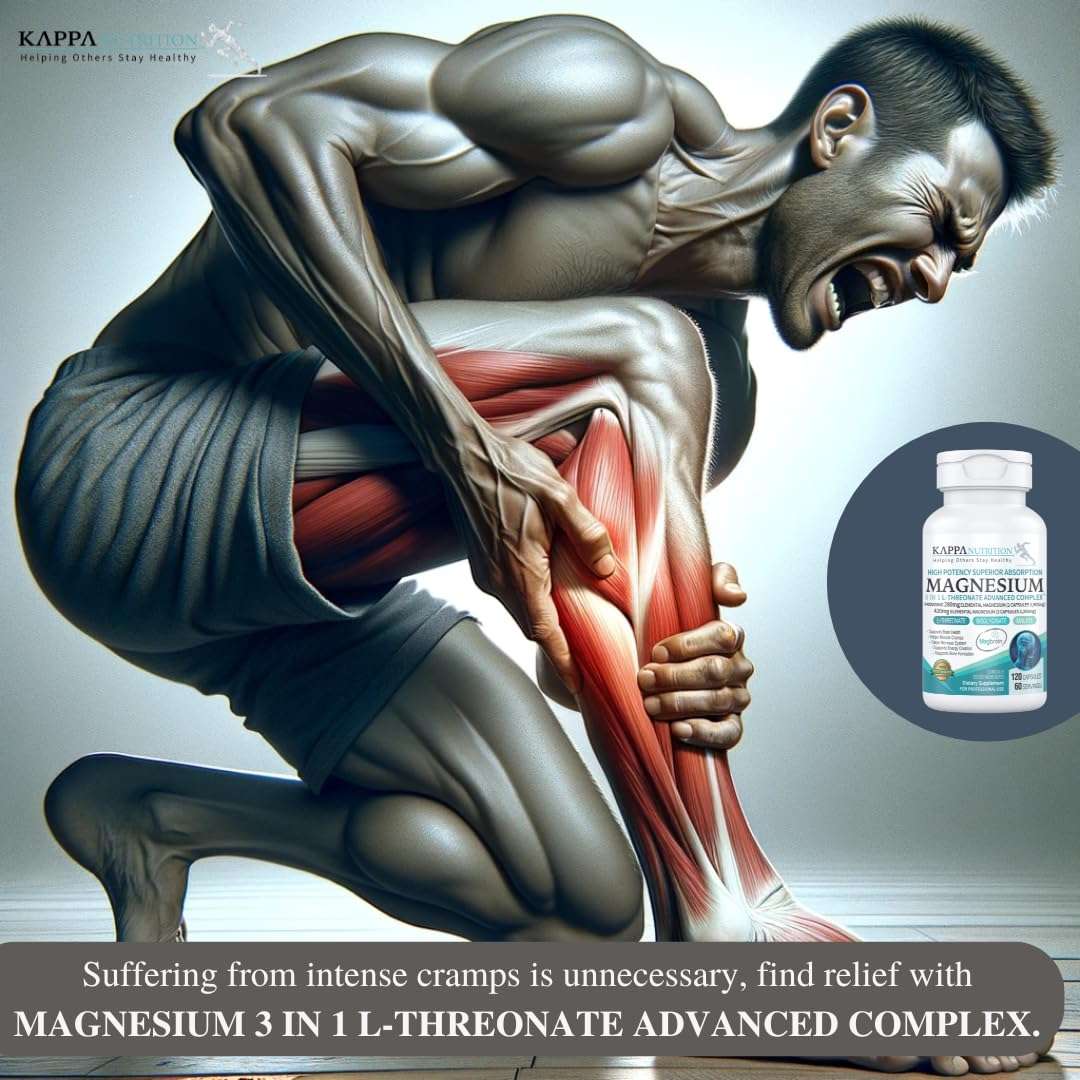 KAPPA NUTRITION magnesium l-threonate supplement UAE bottle beside athlete clutching calf muscles in severe cramp
