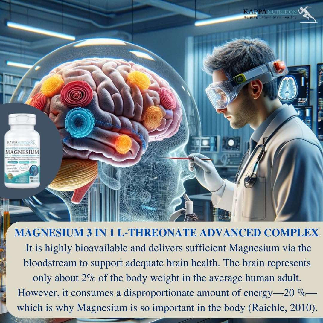 KAPPA NUTRITION bottle with scientist examining colorful brain model magnesium l-threonate supplement UAE