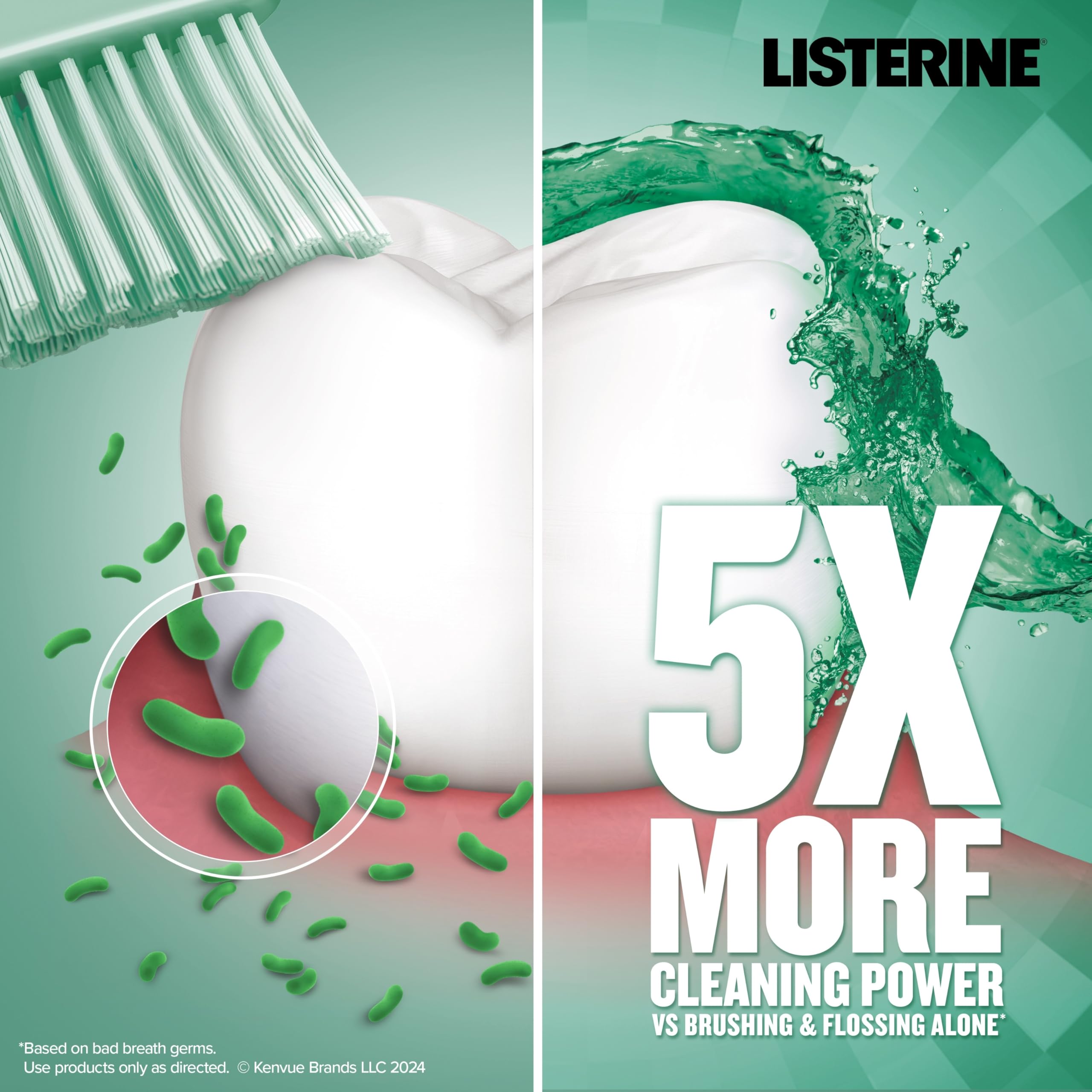 Listerine Fresh Burst mouthwash 500ml. Toothbrush and tooth with green germs and mouthwash splash promoting 5X cleaning power