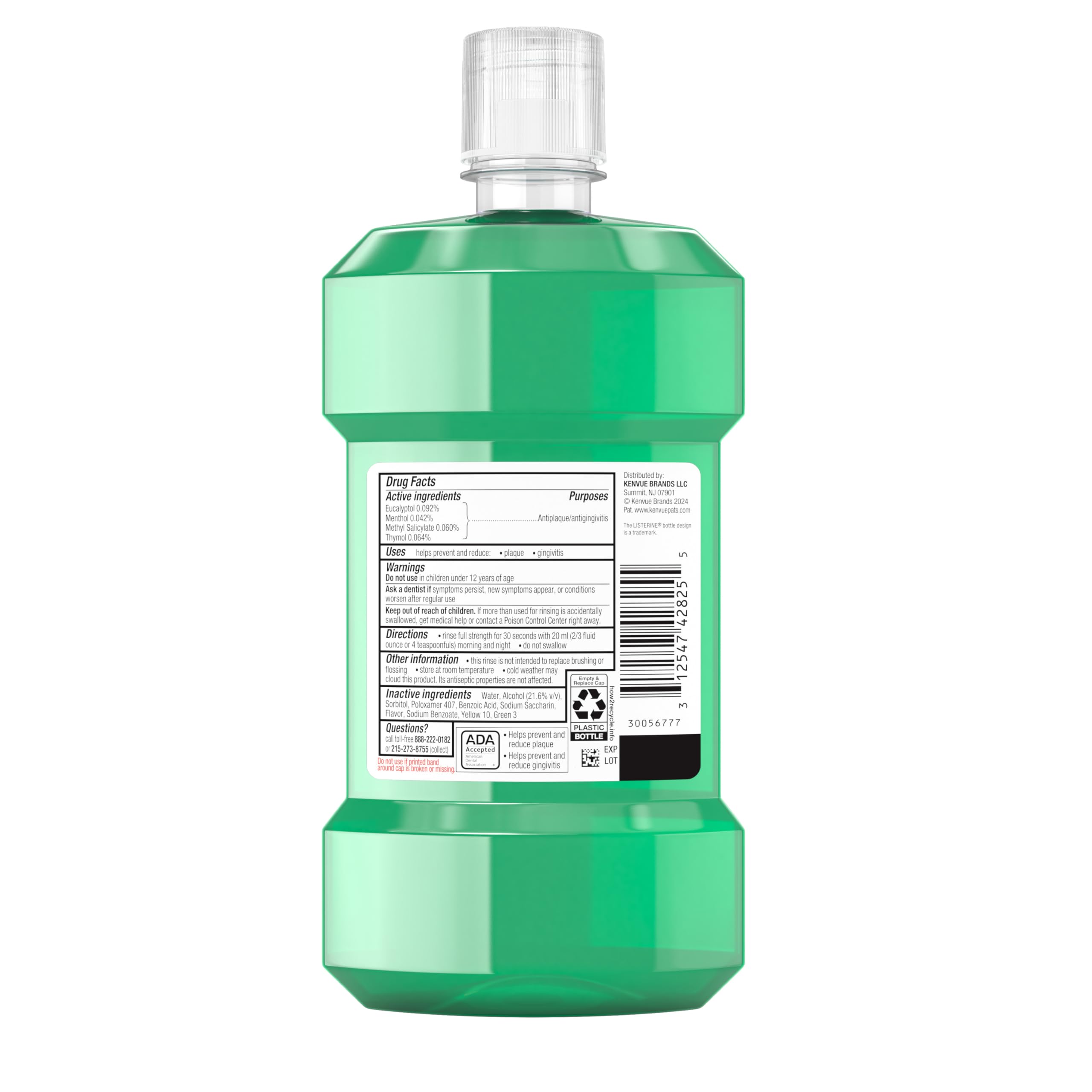 Back view of Listerine Fresh Burst mouthwash 500ml bottle showing green liquid label directions drug facts and measuring cap