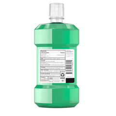 Back view of Listerine Fresh Burst mouthwash 500ml bottle showing green liquid label directions drug facts and measuring cap