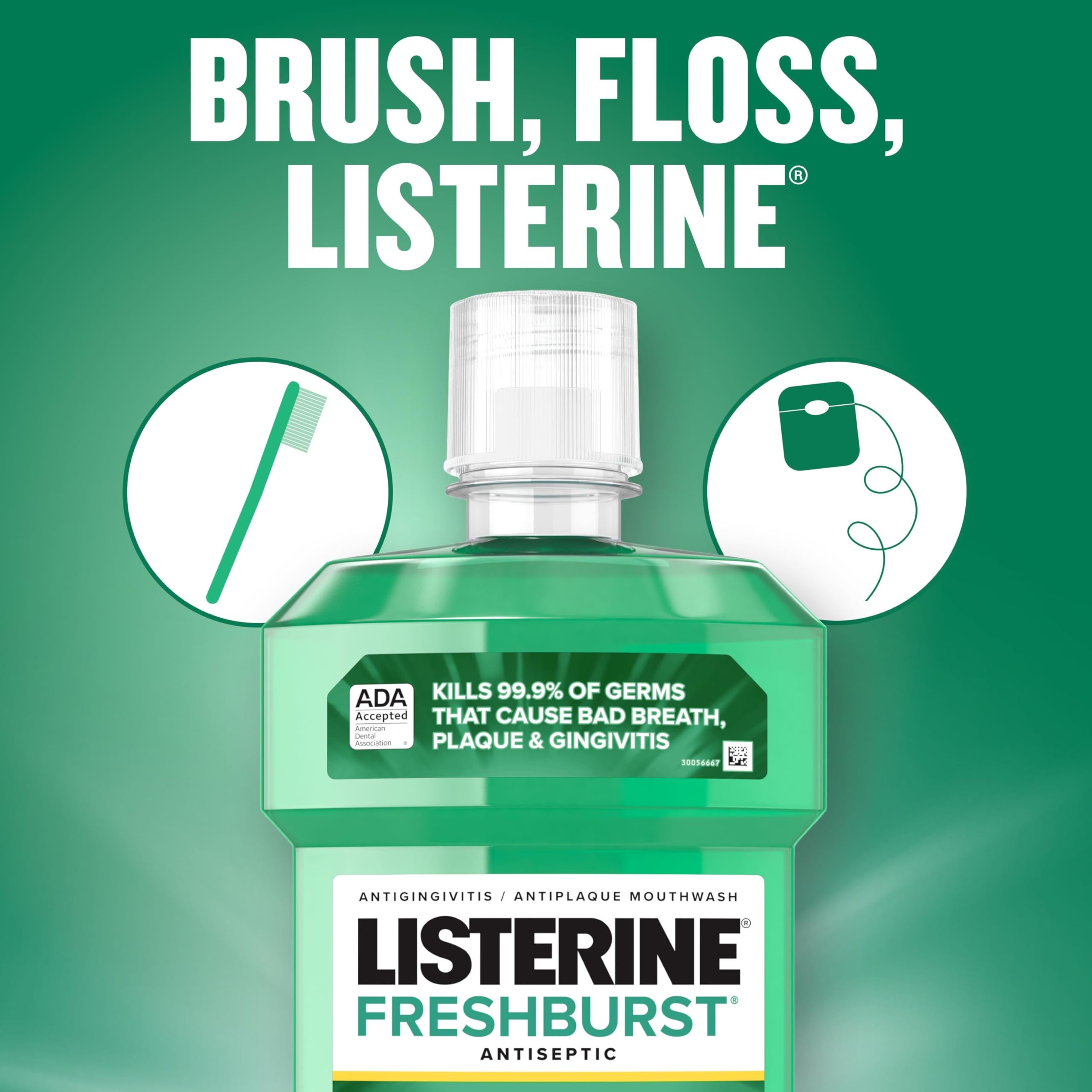 Listerine Fresh Burst mouthwash 500ml. green bottle with cap on green background and brush and floss icons