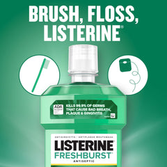 Listerine Fresh Burst mouthwash 500ml. green bottle with cap on green background and brush and floss icons