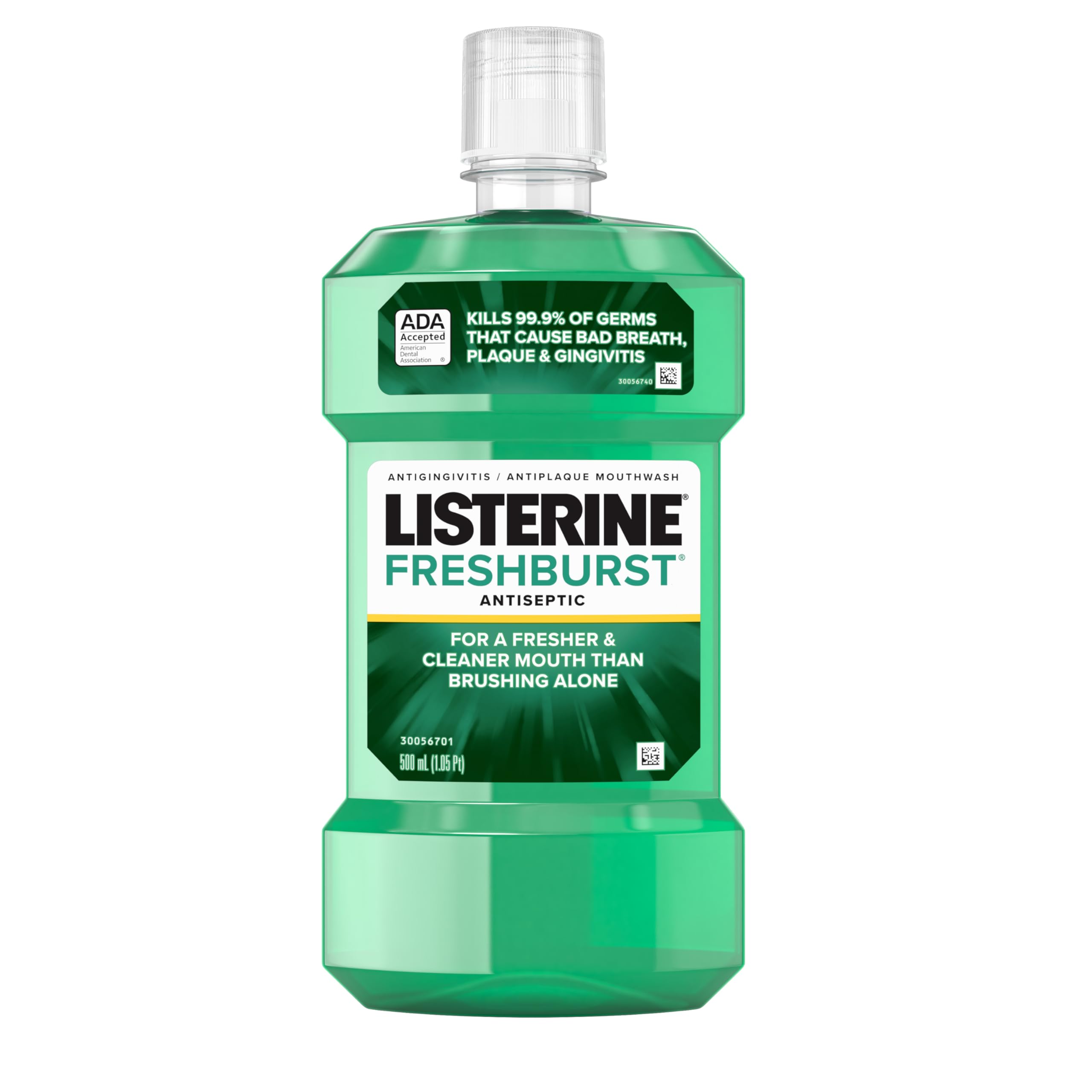 Listerine Fresh Burst mouthwash 500ml green antiseptic bottle with clear cap and front label for fresh breath