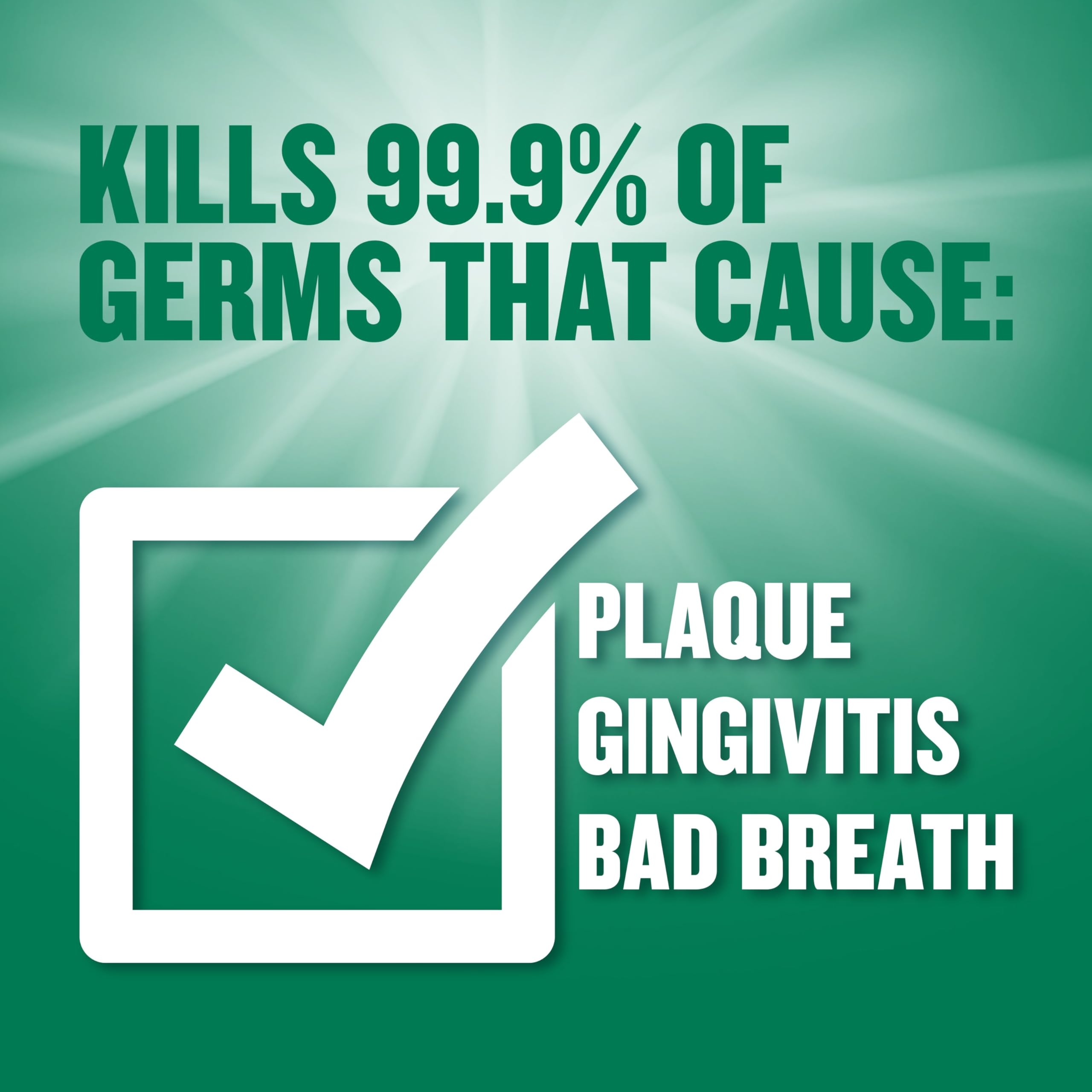 Listerine Fresh Burst mouthwash 500ml green label graphic stating kills 99.9 percent of germs causing plaque gingivitis bad breath