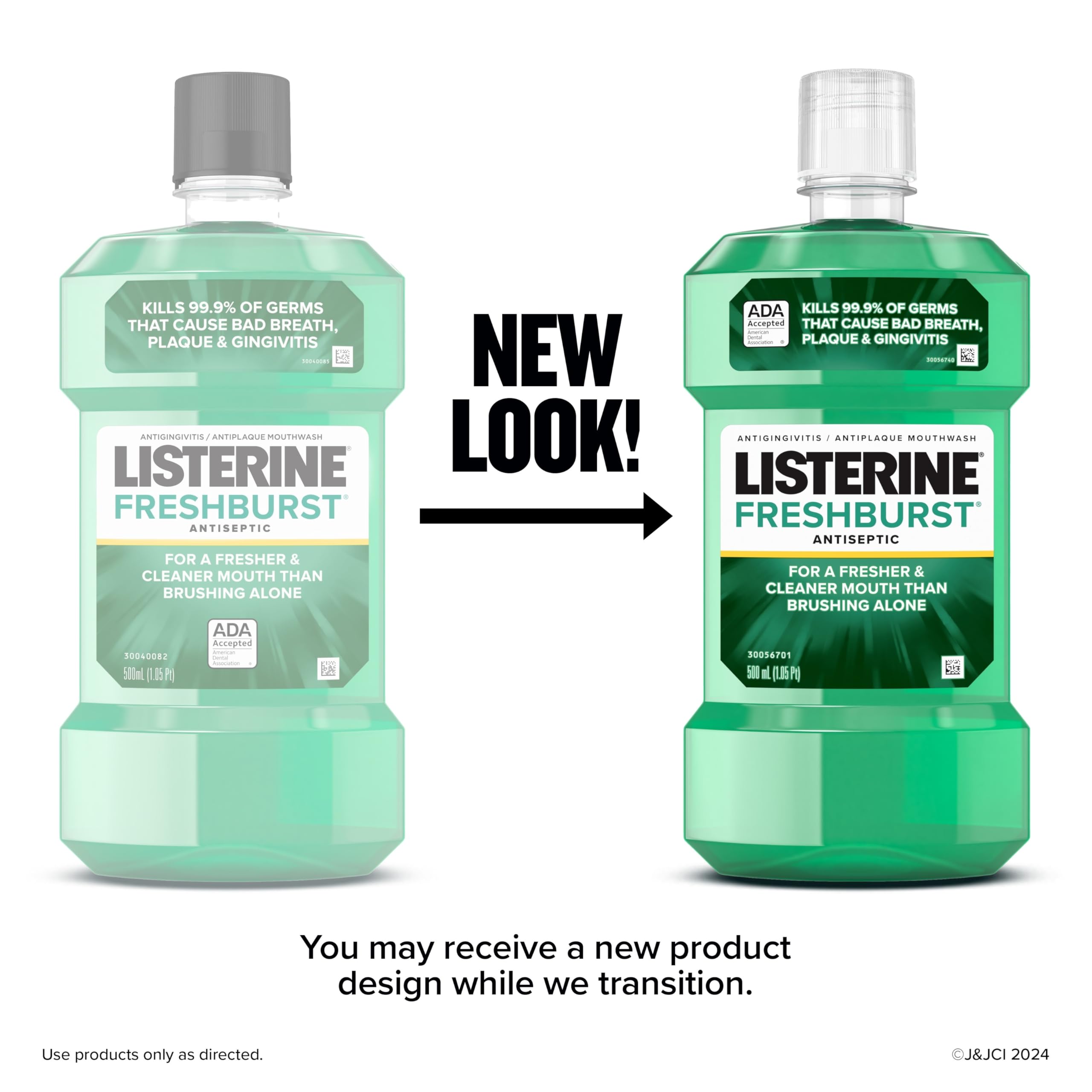 Side by side old and new bottles with NEW LOOK arrow showing Listerine Fresh Burst mouthwash 500ml