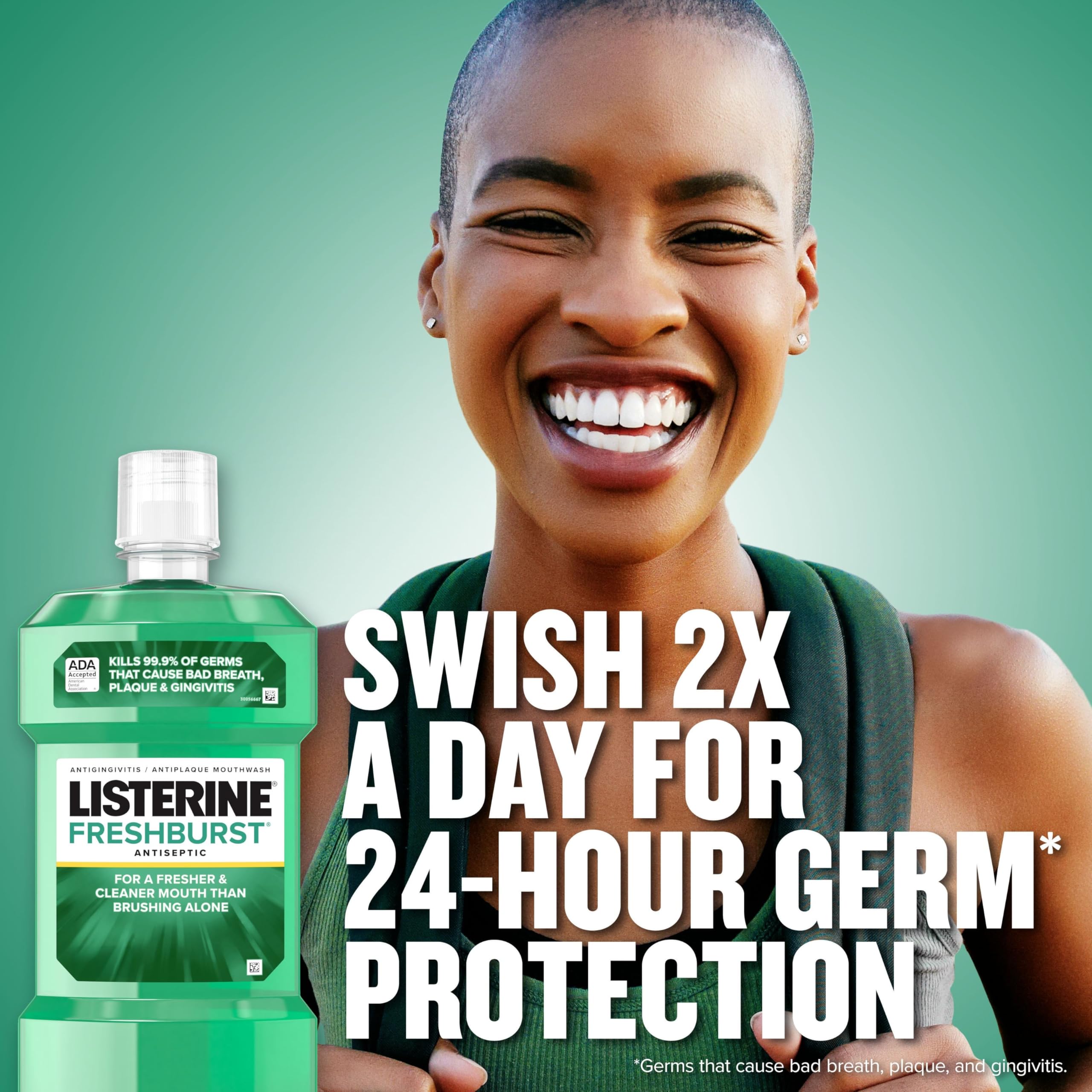 Smiling woman next to bottle of Listerine Fresh Burst mouthwash 500ml promoting 24 hour germ protection