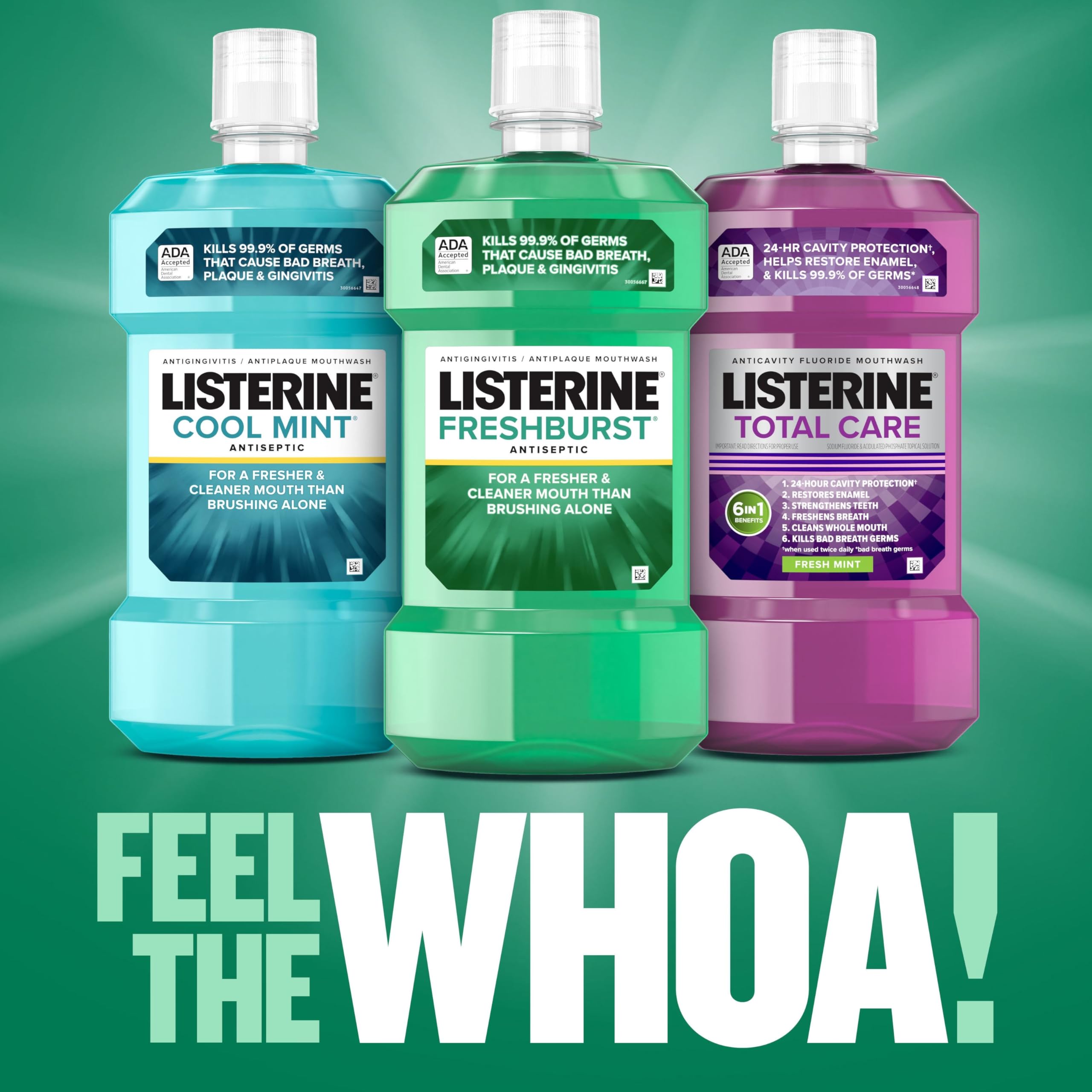Three Listerine bottles featuring Listerine Fresh Burst mouthwash 500ml. Green bottle flanked by Cool Mint and Total Care