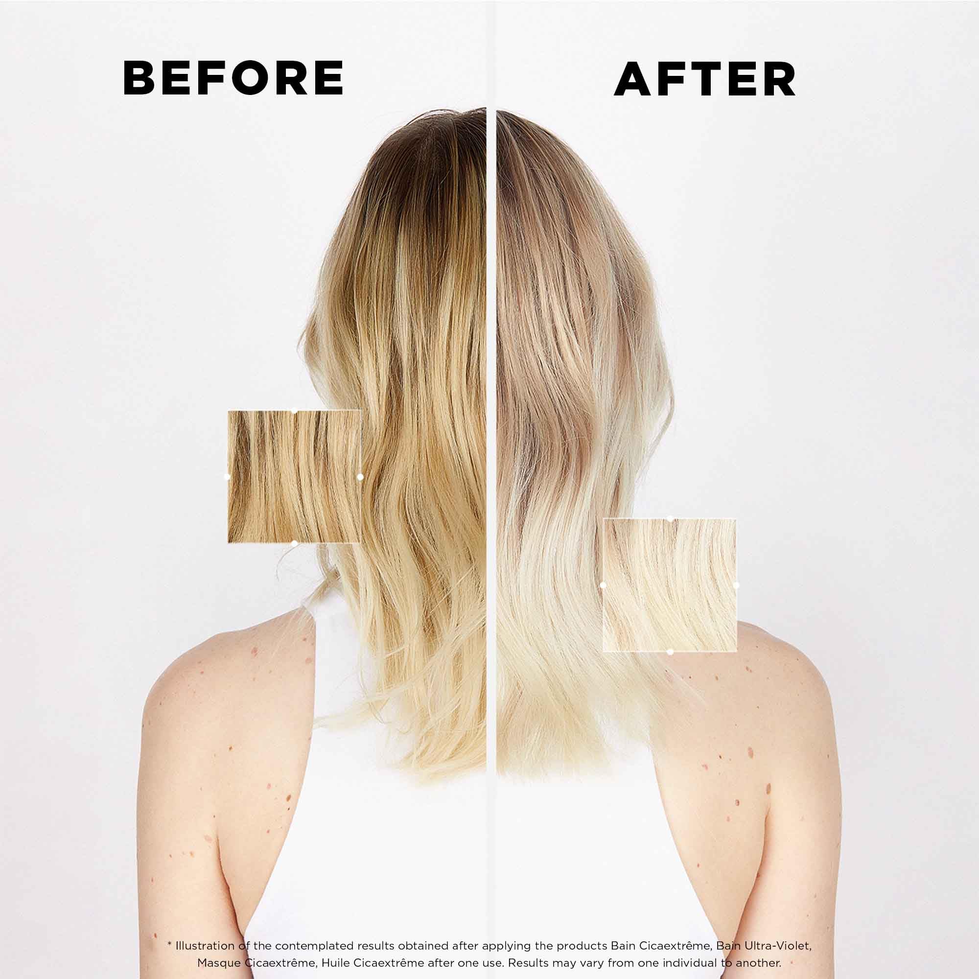 Before and after results showcasing Kérastase Blond Absolu conditioner for enhanced blonde hair shine