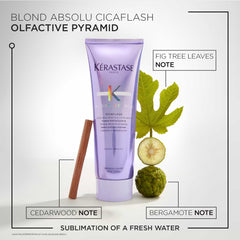 Kérastase Blond Absolu conditioner in a lavender tube with olfactory pyramid notes displayed