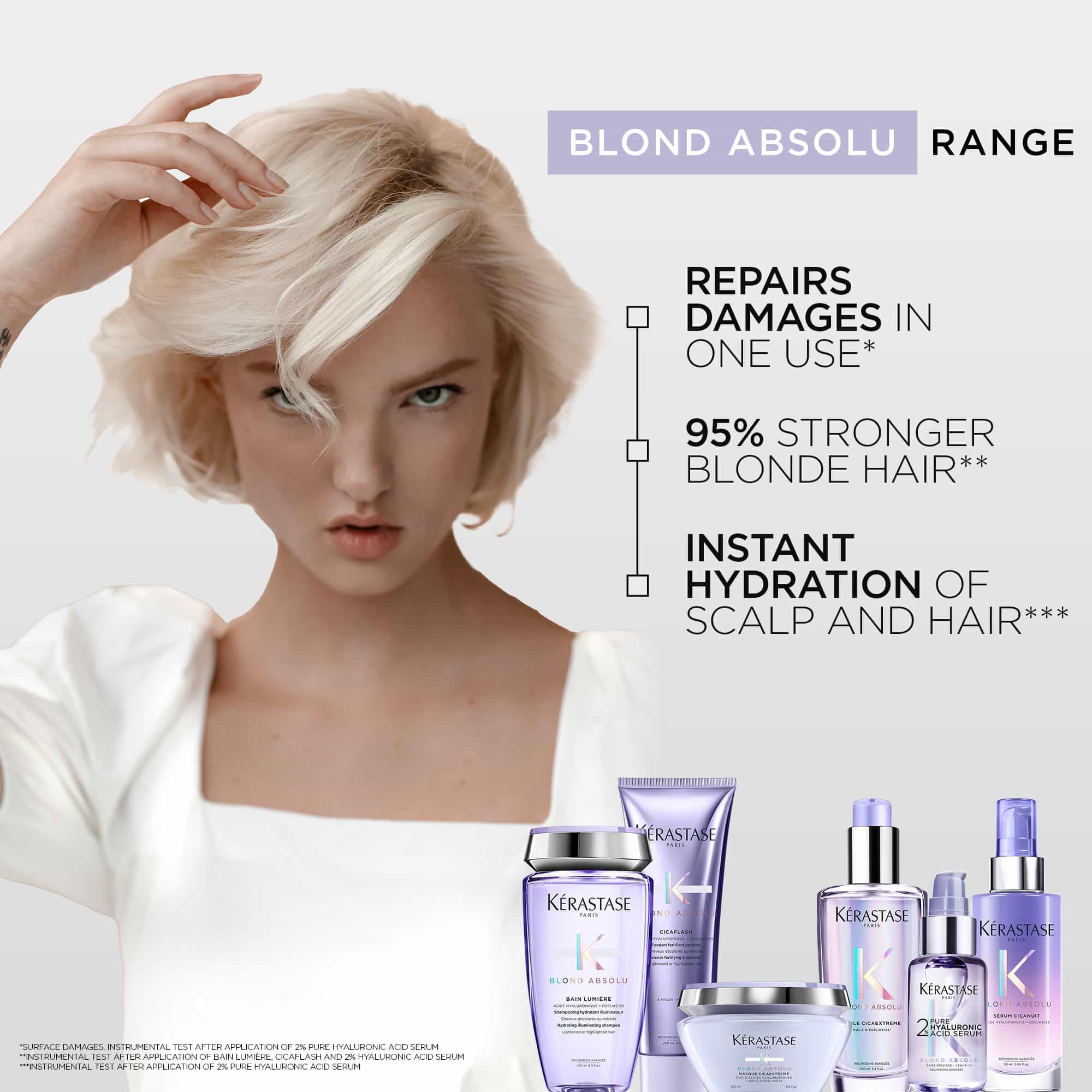 Kérastase Blond Absolu conditioner displayed with other products from the Blond Absolu range for blonde hair care