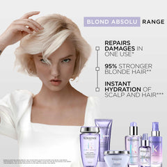 Kérastase Blond Absolu conditioner displayed with other products from the Blond Absolu range for blonde hair care