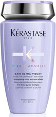 Kerastase Blonde Absolu shampoo in a purple bottle for lightened, blonde, or gray hair care