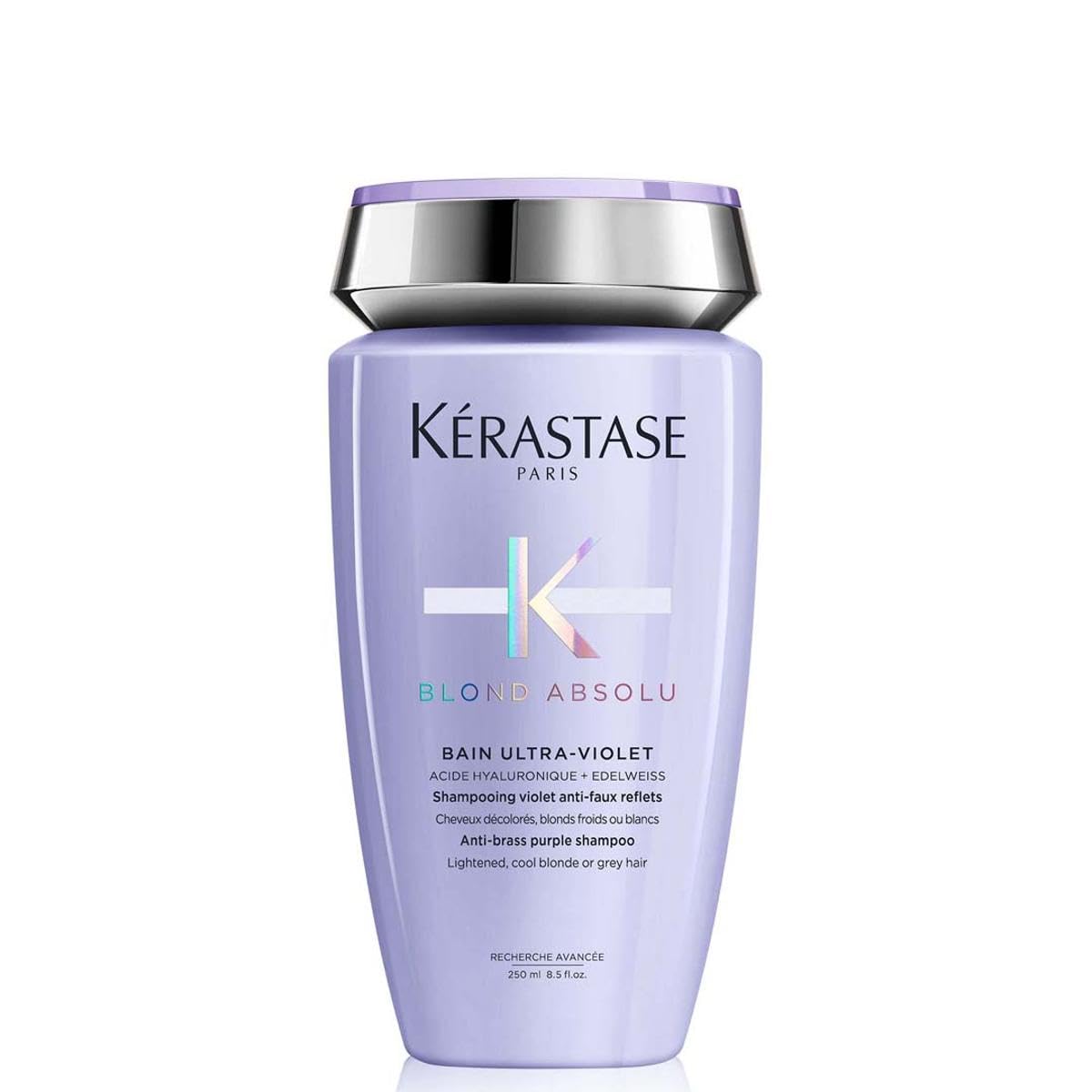 Kerastase Blonde Absolu shampoo in a purple bottle for brightening blonde hair and reducing brassiness