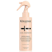 Curl refresher spray bottle with pump trigger, tan label and black logo