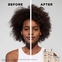 Split comparison of curly hair before and after, with curl spray bottles at bottom