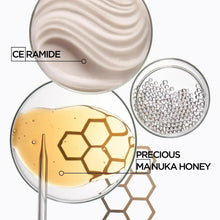 Illustration of ceramide and manuka honey with circular ingredient shapes