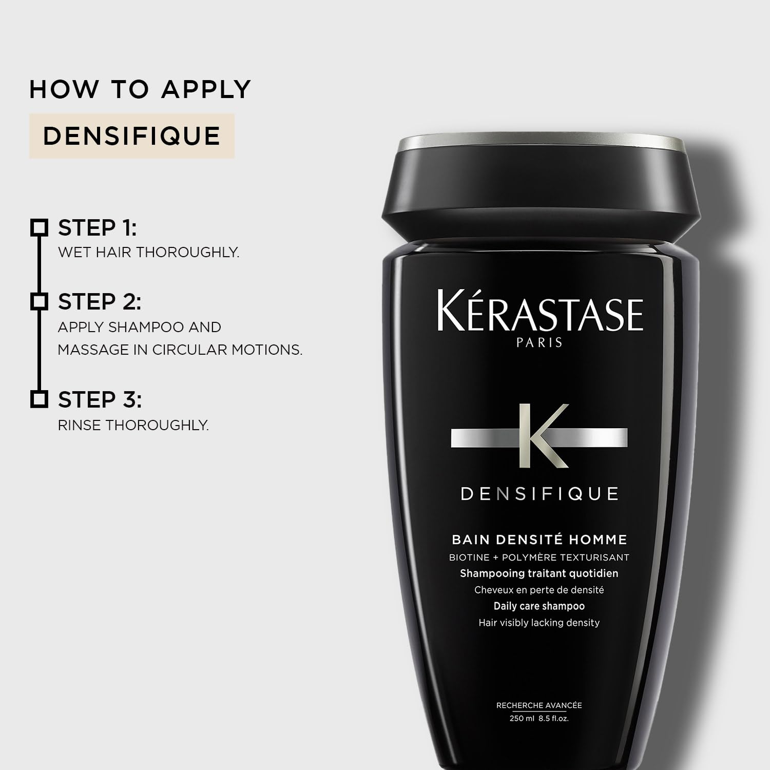 Kérastase densifique shampoo for men in a black bottle with directions for use on applying shampoo.